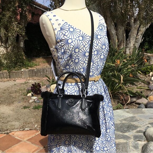 Tory Burch Handbags - TORY BURCH CRINKLE PATENT LEATHER SHEARLING CROSSBODY BAG OR HANDBAG